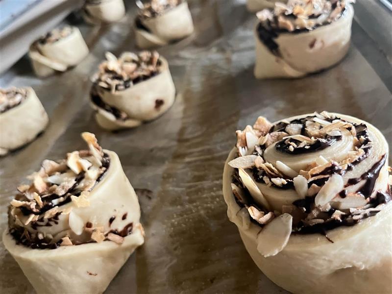 Chocolate almond pastry swirls ready for the oven