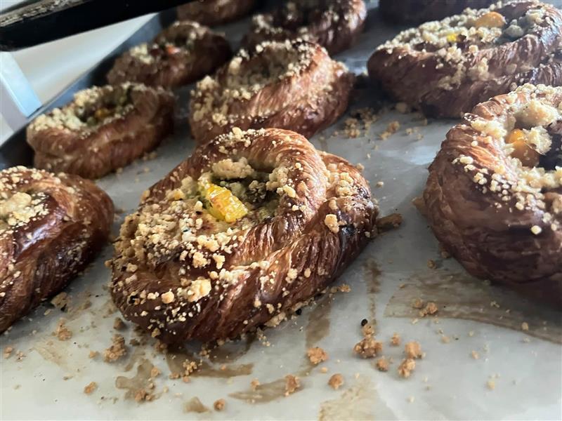 Crumb-topped danishes fresh from the oven